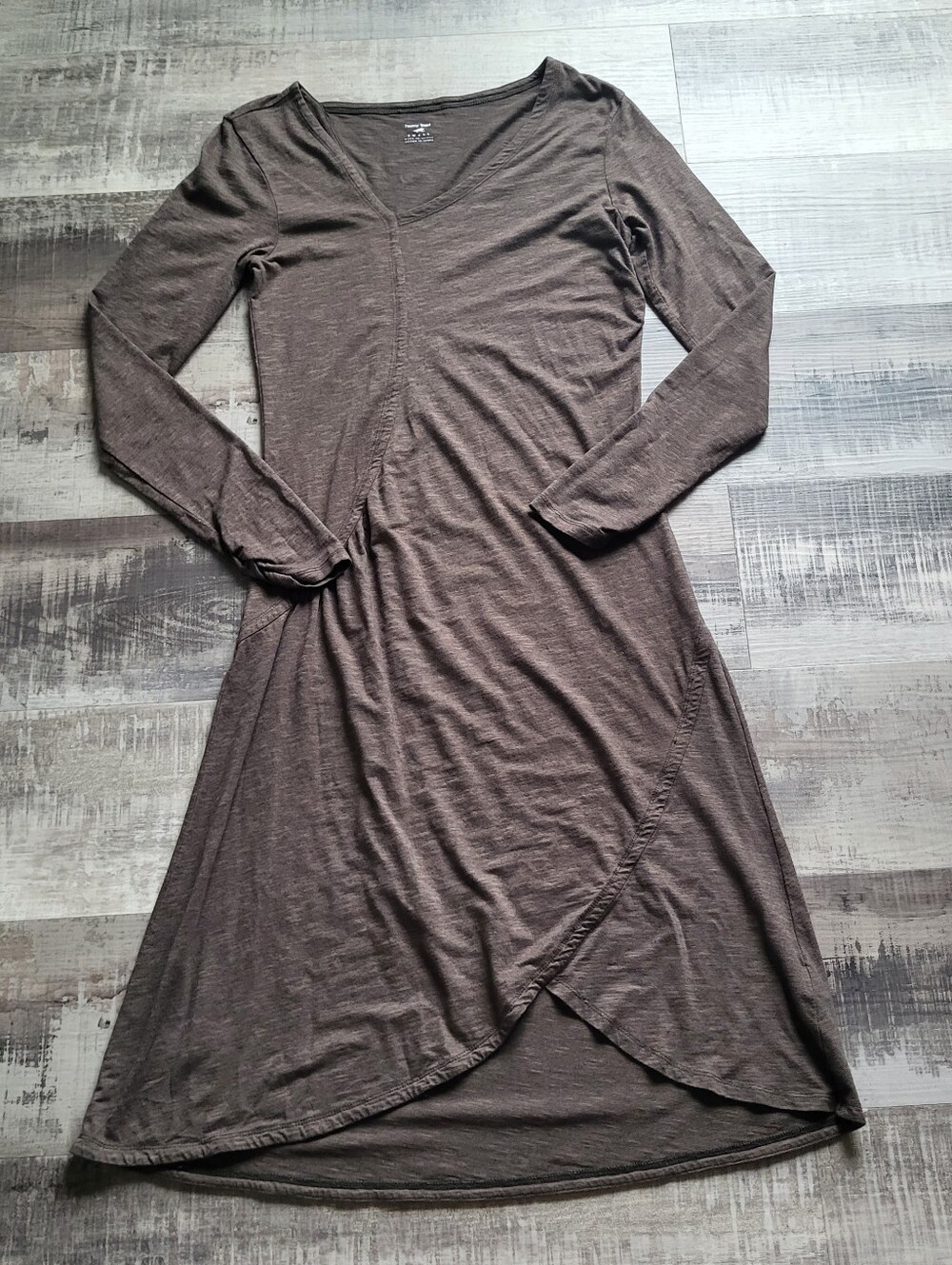 Horny Toad Small Brown Faux Wrap Dress Long Sleeve Asymmetrical Hem Outdoor
